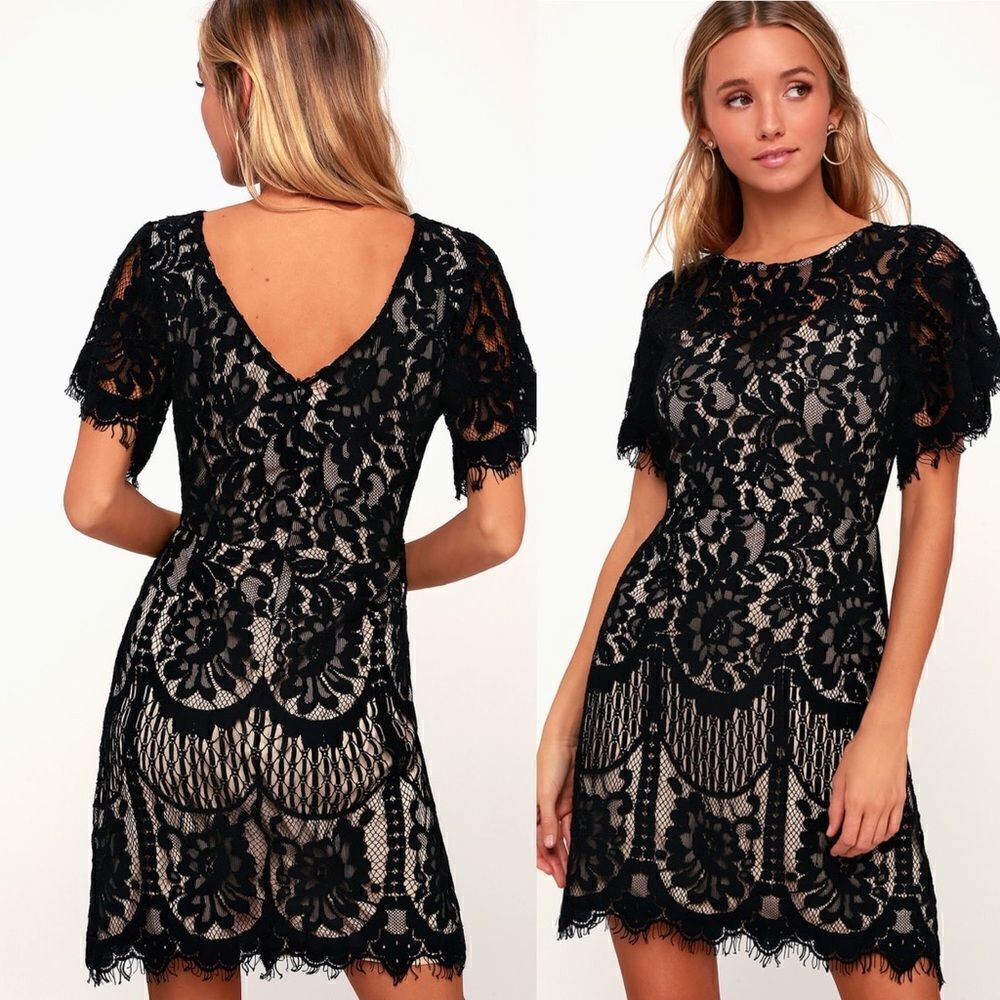 Lulus Pearson Black Lace Short Sleeve cocktail Dress low back LBD NYEβXS